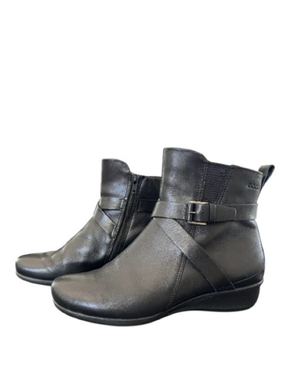 Ecco Felicia Black Leather Ankle Boot Wedge Heel Side Zip Womens EU 37 US 6.5-7